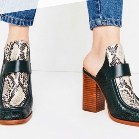 Zara Snakeskin Green/ Brown Mules Block Heels - Picture 2 of 3